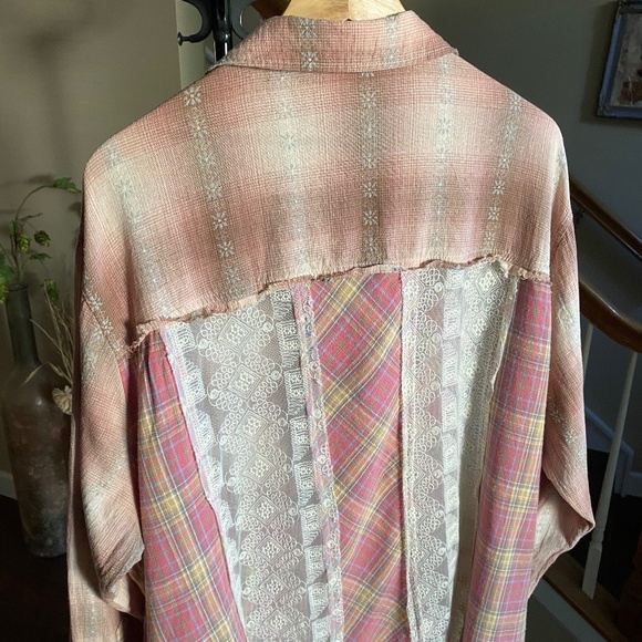 Oli & Hali Plaid Lace Patchwork Long Sleeve Flannel Shirt Shacket Small - Picture 14 of 16